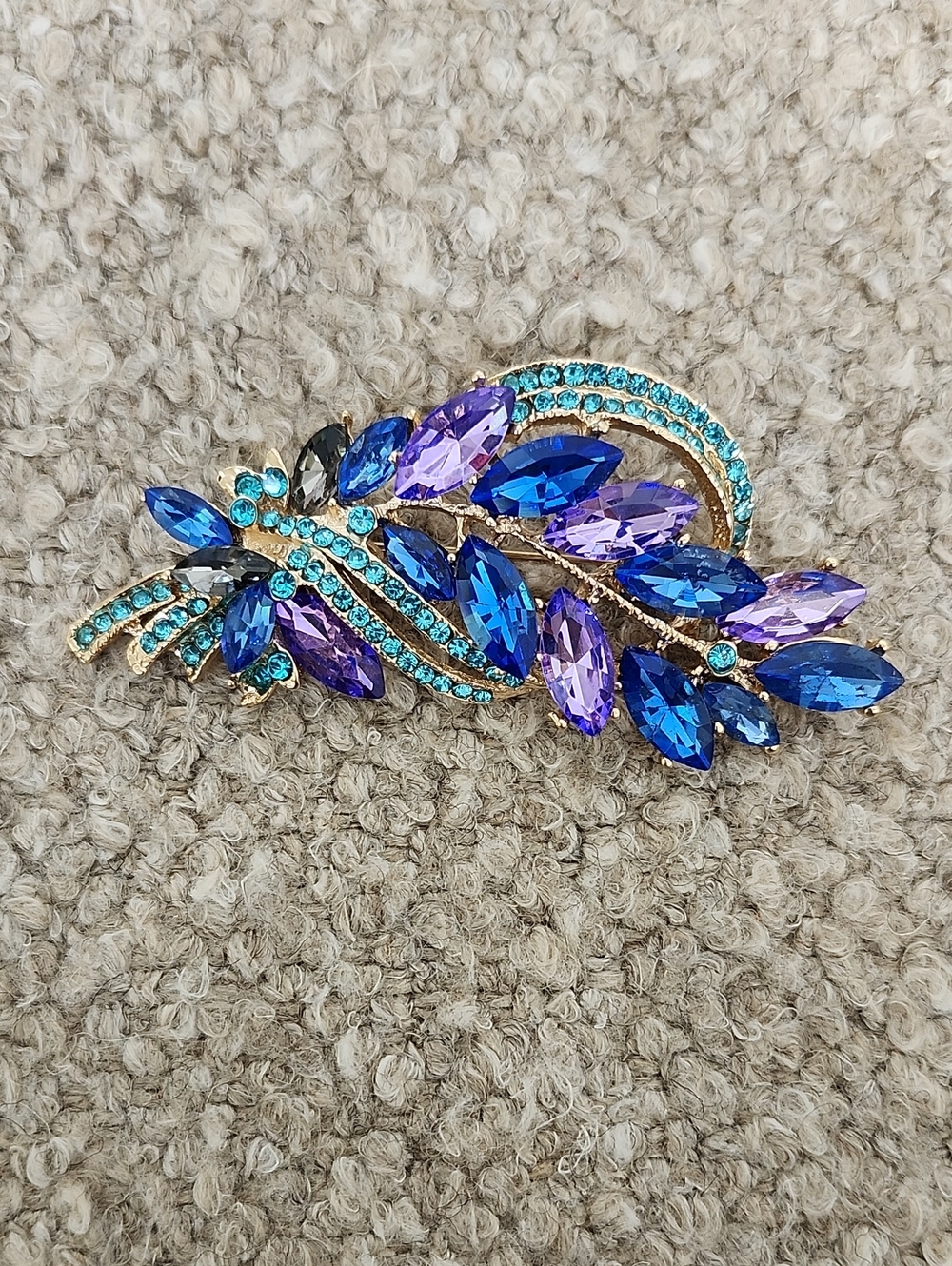 Statement Crystal Leaf Brooch in Blue and Purple